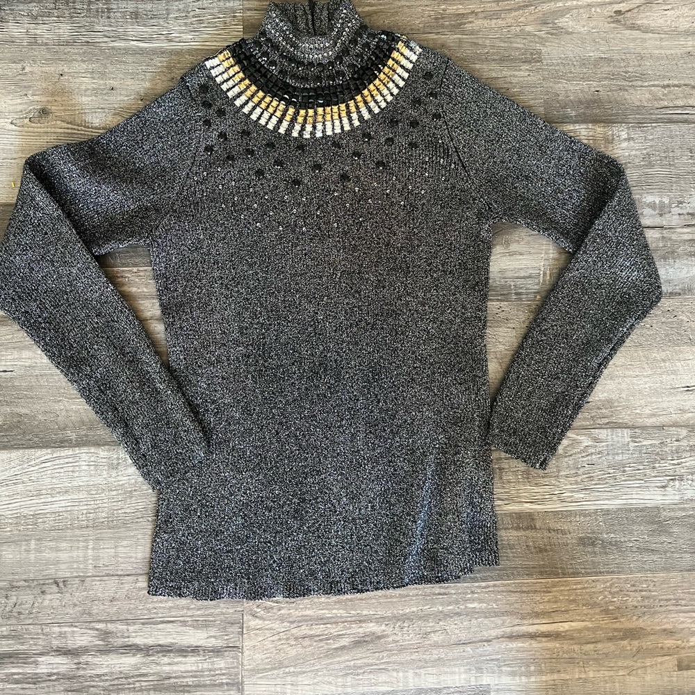 Investments Jeweled Neck Sweater  Large Black  Vintage Cotton Poly Blend